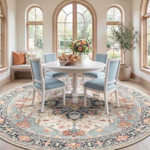 RELEANY Washable Area Rug, Round 10ft, Beige/Blue/Orange - Image 3