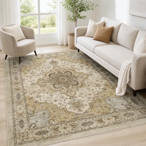 Amada Vintage Washable Area Rug,9'x12',Beige/Cream - Image 2
