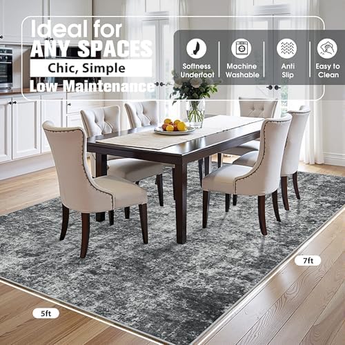 5x7 Area Rugs for Living Room Washable Bedroom Dining Room Black Grey - Image 2