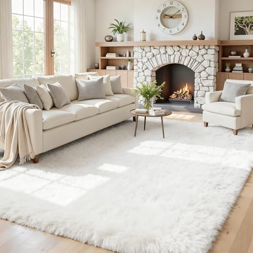 5x7 Fluffy Shag Area Rugs for Living Room Bedroom: Soft Plush Carpet White by CarpetAddColortoYourLife