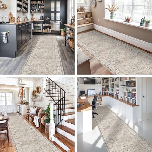 Hallway Washable Runner Rug - 3x20 Kitchen Rugs Entryway Rug Long Runner Vintage Soft Floor Mat Non Slip Indoor Farmhouse Carpet for Bathroom Living Room Bedroom (3 X 20, Beige) - Image 6