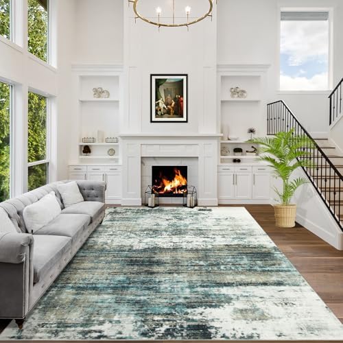 9x12 Area Rugs for Living Room: Washable Abstract Teal Green Bedroom Carpet by GENTDRIZZ