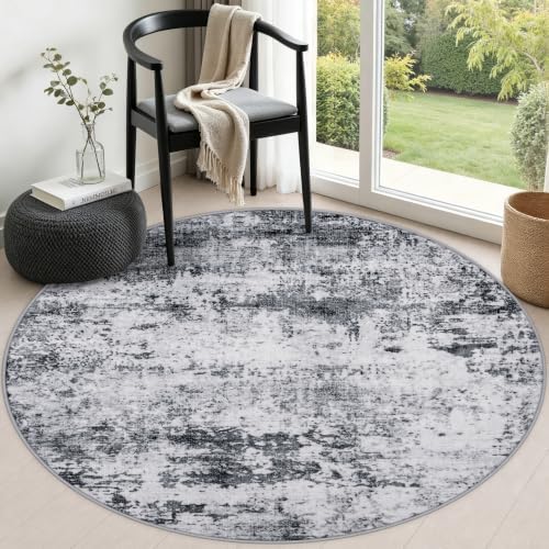 Round Area Rug Living Room: 4 ft Modern Washable Carpet Grey by FXRHLP