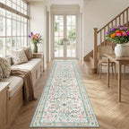 PLHXFR 2.6x14 Washable Runner Rug：Floral Indoor Kitchen Carpet Green Beige - Image 3