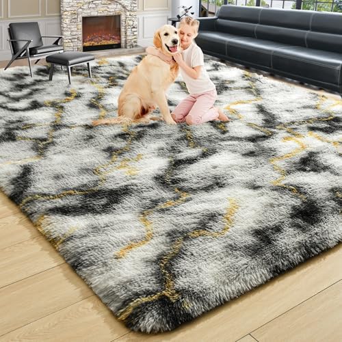 4x6 Grey and Gold Fluffy Soft Area Rug Non-Slip for Bedroom Living Room by ModernHomeDecor