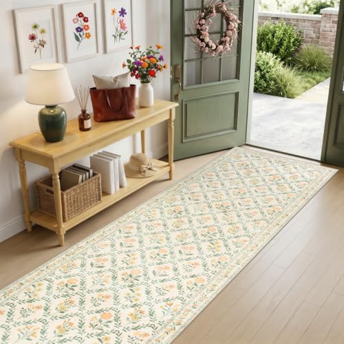 PLHXFR 3x10 Washable Runner Rug：Floral Indoor Kitchen Carpet Beige Multi - Image 2