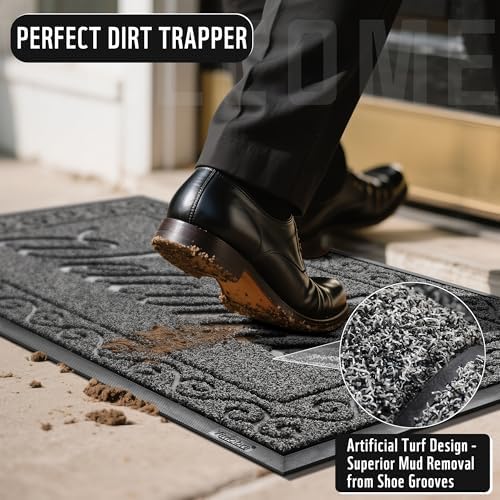 Yimobra Welcome Mat, Heavy Duty Sturdy Door Mats for Home Entrance Outdoor Indoor, Front Doormat for Outside Patio Floor Entry Porch Garage Office, Waterproof, Low Profile, 47 x 24, Black Grey - Image 4