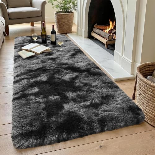 2x10 Tie-dye Dark Grey Fluffy Soft Runner Rug Non-Slip for Bedroom Dorm - Image 4
