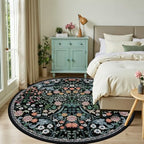 PLHXFR Round Area Rug Living Room: 8 ft Floral Washable Carpet Dark Black - Image 2
