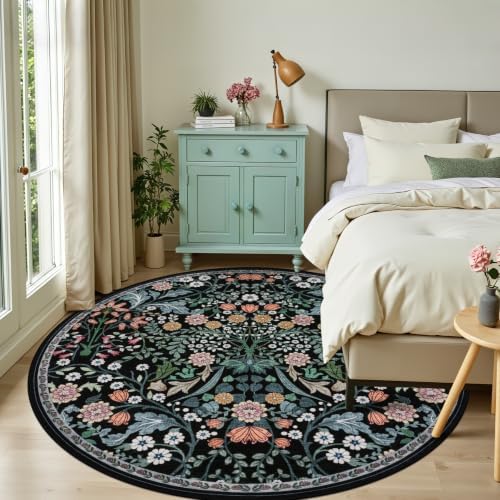 PLHXFR Round Area Rug Living Room: 8 ft Floral Washable Carpet Dark Black - Image 2