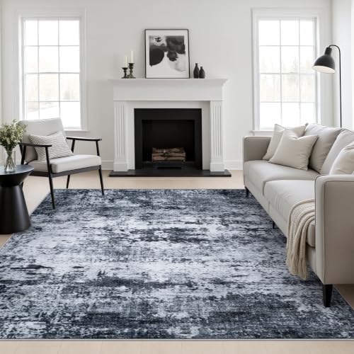 Area Rug Living Room: 8x8 Modern Washable Indoor Carpet Black by FXRHLP