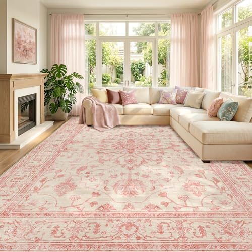 RELEANY Washable Area Rug, 8'x10', Pink/Light Vintage Pink by RELEANY