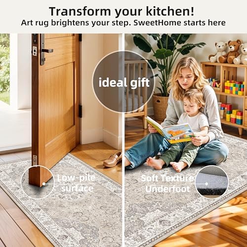 2-Piece Kitchen Runner Rug Set: Washable Non-Slip Floor Mats for Sink & Stove Cooking Area Soft Low Pile Water-Resistant Carpet for Dishwasher Fridge Fronts Durable Kitchen Island Mats(2x3+2x4,Beige) - Image 4