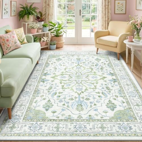 RELEANY Washable Area Rug, 6'x9', Green/White/Blue by RELEANY