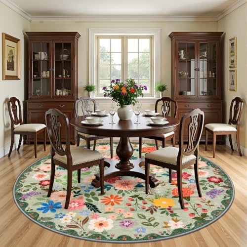 PLHXFR Round Area Rug Living Room: 8 ft Floral Washable Soft Carpet Green - Image 3