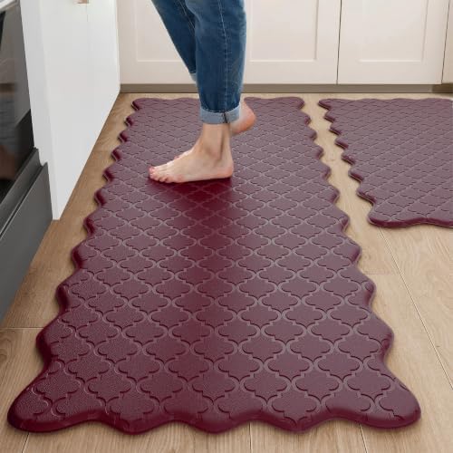 Arenarug Upgrade Scalloped Kitchen Mats for Floor 2PC, Red Kitchen Rugs by ArenaRug