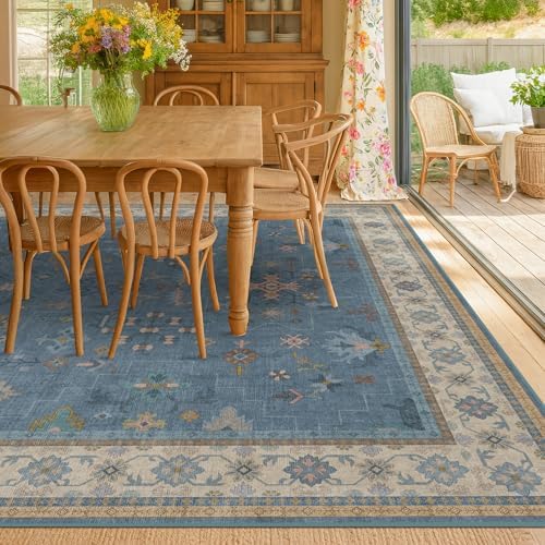 Boho 6x8 Living Room Rugs - Modern Blue Dining Room Rug for Under Table, Lightweight Washable Foldable Low Pile Soft Carpet, Eclectic Floral Bedroom Décor Aesthetic - Image 6