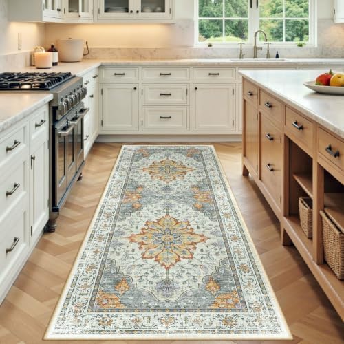 RELEANY Washable Area Rug, Runner 3'x7', Beige/Carbon Grey/Orange by RELEANY