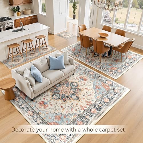 RELEANY Washable Area Rug, 6'x9', Beige/Blue/Orange - Image 4