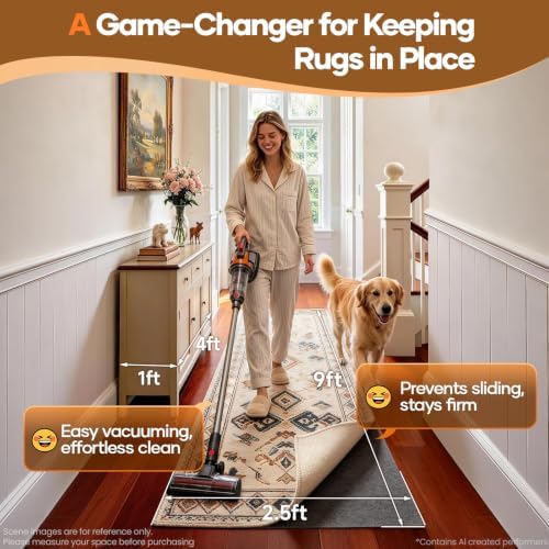 Veken Non Slip Cushioned Rug Pad Gripper, Felt and Silicone Backing, 2.5 x 9 Ft, 1/8" Thick Runner Carpet Liner Protector Mat for Area Rugs and Hardwood Floors, with 99 Pcs Anti-Slip Strips Pattern - Image 2