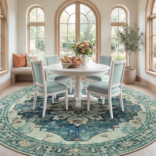 RELEANY Washable Area Rug, Round 8ft, Blue/Vintage Dark Blue - Image 2