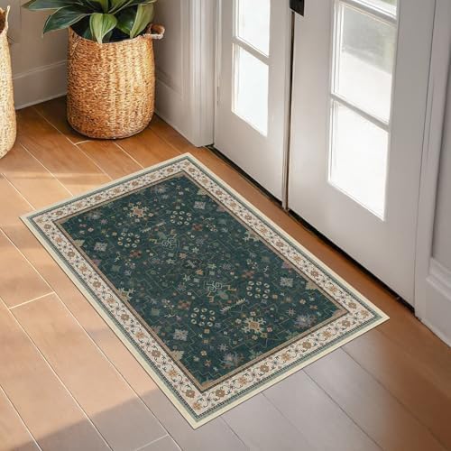 Dark Green Oushak 2x4 Entryway Rug - Modern Vintage Boho Eclectic Floral Pastel, Washable Low Pile Non-Slip Small Throw Area Rugs for Door Mat Indoor Entrance, Kitchen, Bathroom, Bedroom, Laundry - Image 6