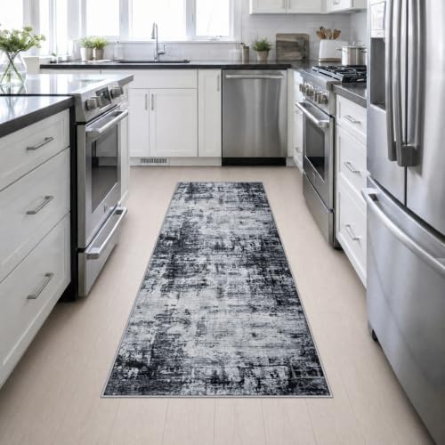 2.6x8 Washable Runner Rug：Modern Abstract Soft Carpet Dark Black - Image 5