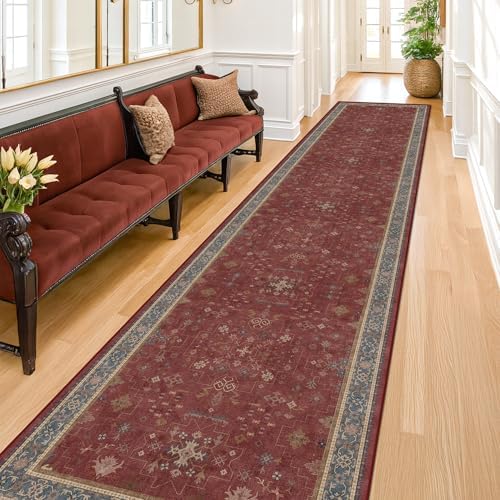 Hazo Haus Non Slip 10ft Long Hallway Runner Rug Burgundy - 2 x 10 Runner Rug, Washable & Waterproof 2x10 Kitchen Floor Mat - Oriental Turkish Dark Red Design Décor - Image 3
