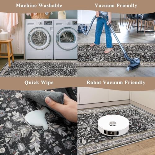 4x6 Kitchen Rug Non-Slip Washable – Boho Vintage Low-Pile Soft Area Carpet for Entryway, Bedroom, Living Room – Stain-Resistant Thin Indoor Rug for Families and Pet Owners (Black, 4x6) - Image 7