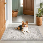 Boho Large 3x4 Bathroom Rug - Washable Low Pile Non-Slip Area Rugs for Entryway, Kitchen, Bedroom Beside Bed, Modern Vintage Neutral Light Gray & Sage Geometric Floral Decor - Image 6