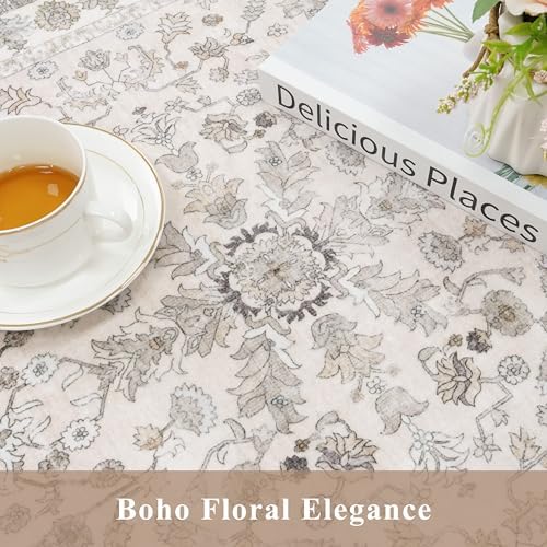 3x4 Entryway Rug Washable Non-Slip–Boho Floral Stain-Resistant Small Area Rug for Kitchen Bedroom Bathroom – Soft Low-Pile Thin Indoor Door Mat (Beige,3x4) - Image 7