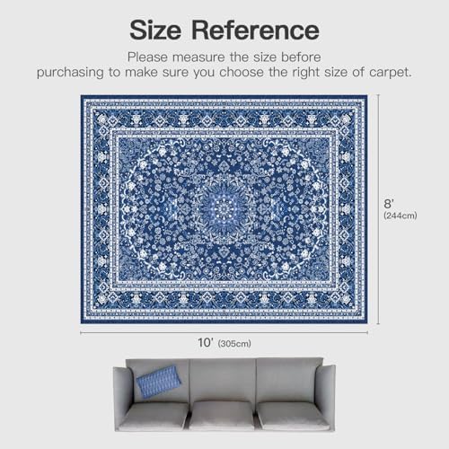 8x10 Area Rugs for Living Room, Washable Non-Slip Rug, Oriental Dark Blue - Image 2