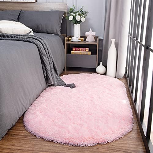 2x5 Pink Fluffy Soft Oval Rug Non-Slip for Kids Bedroom Nursery Playroom - Image 3