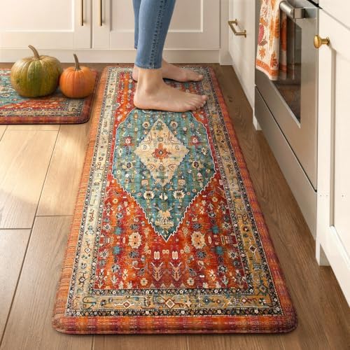 Collive Boho Kitchen Rugs Sets of 2 Fall Kitchen Mats for Floor Waterproof by Collive