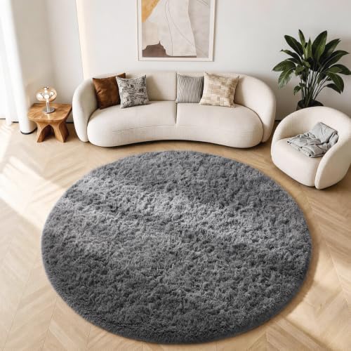 Ophanie Round Rug 6Ft Grey Circle Area Rugs,Fluffy Fuzzy Large Bedroom Carpet 6 Foot,Plush Shag Solid Indoor Floor Gray Living Room Circular Decor for Kids Teen Boys Baby,with Over 99 pcs Pile fibers - Image 5