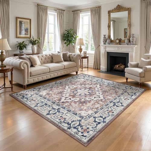 Lofus 7'x7' Square Washable Area Rug, Vintage Boho Floral Brown Carpet - Image 2
