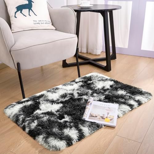 2x3 Tie-Dyed Black and White Fluffy Area Rug Non-Slip for Entryway Bedroom - Image 3