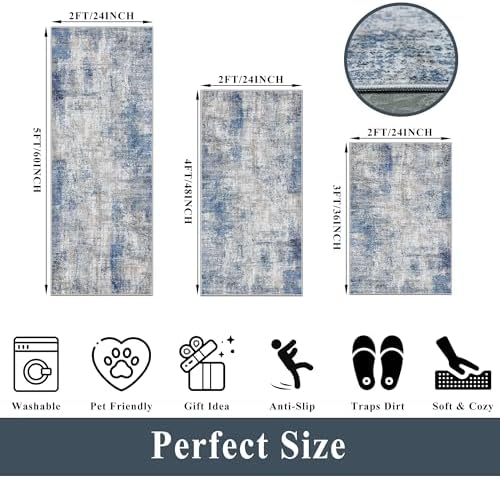 Kitchen Mats for Floor 3 Piece Set, Washable Non-Slip Farmhouse Kitchen Rugs for Hardwood Floor, Rustic Floral Boho Runner Rug for Sink,Entryway & Hallway & Bathroom (Blue/Grey/Ivory,2x3+2x4+2x5) - Image 2