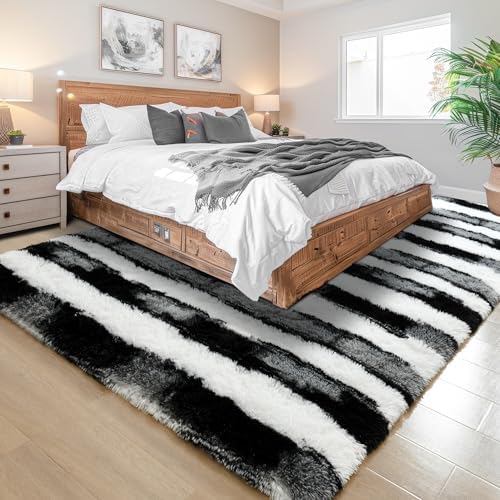 5x7 Black and White Fluffy Soft Area Rug Non-Slip for Living Room Bedroom - Image 3