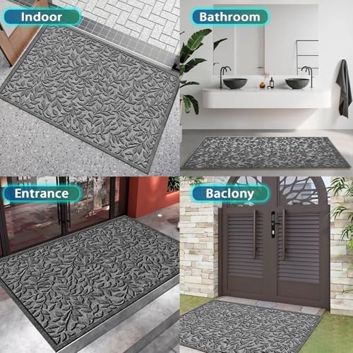 Bulijojo Sturdy Front Entrance Doormats,Durable Heavy Duty Welcome Mat,Thick Absorbent Natural Rubber Non Slip Mat,Easy Clean Entryway Mat Leaves Grey, 47" x 32" - Image 6