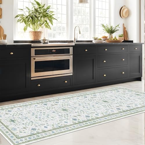 Hazo Haus Oushak 3x16 Wide Hallway Runner Rug - Vintage Turkish Floral, Washable Low Pile Non Slip 16ft Extra Long Runners for Large Kitchen, Hall Way - Light Blue and Green Décor - Image 6