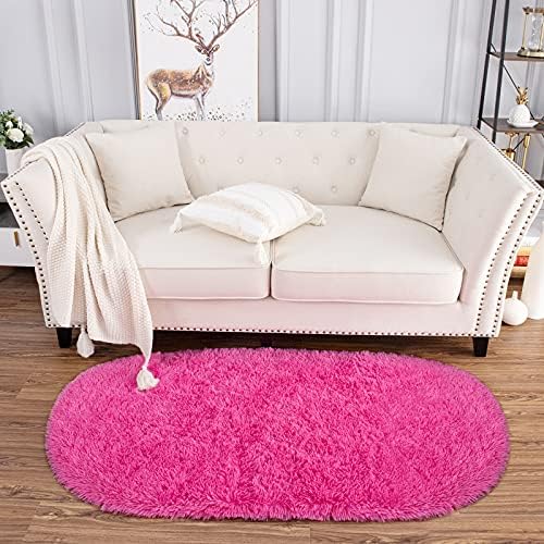 2.6x5.3 Hot Pink Fluffy Soft Oval Rug Non-Slip for Kids Bedroom Nursery - Image 2