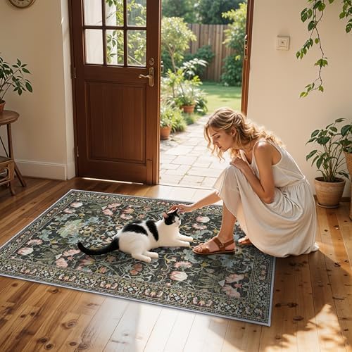 Washable 4x6 Bedroom Rug for Family: Non-Slip Floral Small Carpet for Living Room Kitchen Boho Low Pile Doormat for Entryway Soft Floor Mat for Nursery College Dorm Essentials for Girls(4x6,Green) - Image 4