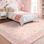 Pink Rugs for Bedroom Girls, 5x7 Washable Area Rug for Living Room Nursery Kids Baby Playroom Indoor Decor, Oushak Floral Vintage Low Pile Boho Non Slip Foldable Carpet by HazoHaus