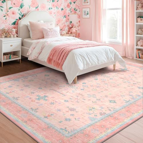 Pink Rugs for Bedroom Girls, 5x7 Washable Area Rug for Living Room Nursery Kids Baby Playroom Indoor Decor, Oushak Floral Vintage Low Pile Boho Non Slip Foldable Carpet by HazoHaus