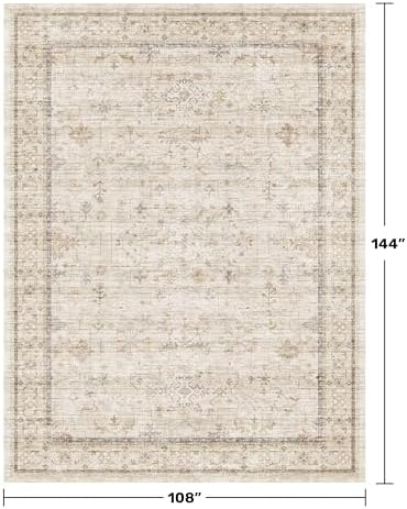 Washabel Lvory Modern Rugs for Living Room, 9x12 Low Pile Floral Carpet for Large Dining Room,Neutral Light Beige Foldable Area Rug for Bedroom, Farmhouse Geometric Pattern, Vintage Home Décor - Image 2