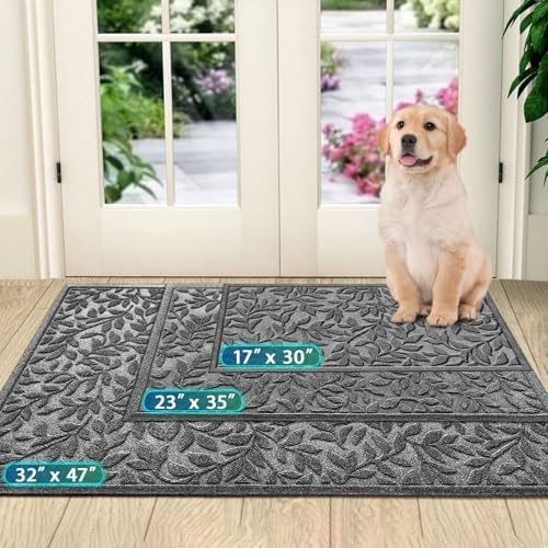 Bulijojo Sturdy Front Entrance Doormats,Durable Heavy Duty Welcome Mat,Thick Absorbent Natural Rubber Non Slip Mat,Easy Clean Entryway Mat Leaves Grey, 47" x 32" - Image 5