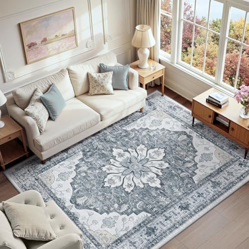 RELEANY Washable Area Rug, 6'x9', Grey/White/Beige by RELEANY