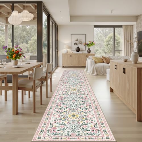 PLHXFR 2.6x14 Washable Runner Rug：Floral Indoor Kitchen Carpet Pink Green - Image 4