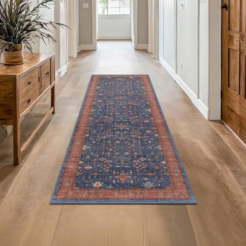 Hazo Haus Navy Blue Runner Rug 2x5 for Hallway, Kitchen, Bathroom, Mudroom, Laundry Room, Washable Non Slip Non Skid Rubber Backing Low Pile Stain Resistance by HazoHaus